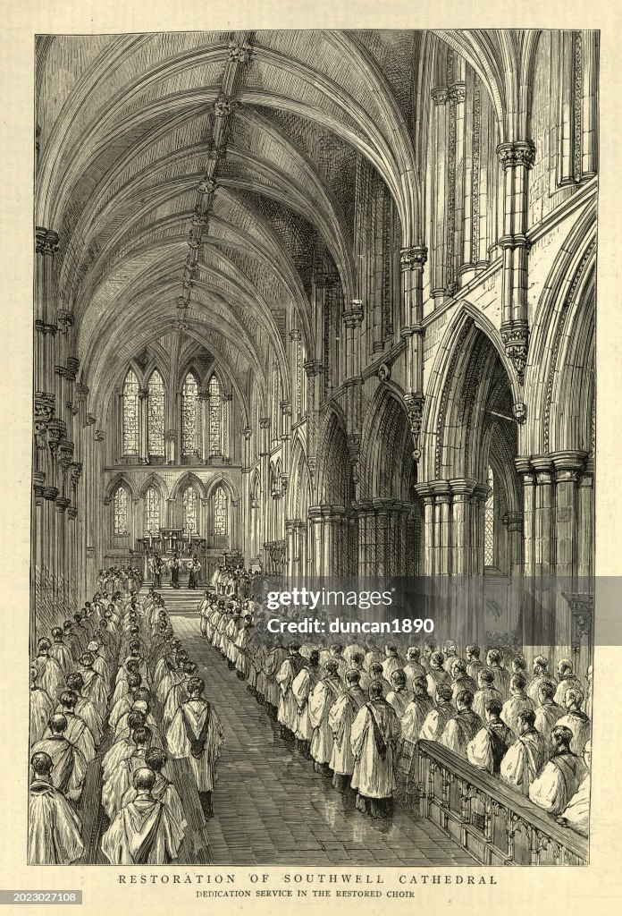 Restoration of Southwell Cathedral, Service in the Choir, 1880s, Victorian 19th Century