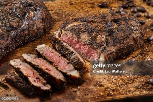 coffee dry rubbed boneless rib eye steaks - top sirloin stock pictures, royalty-free photos & images
