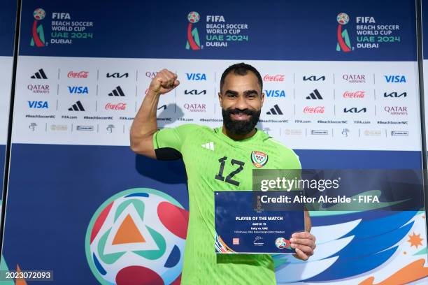 Humaid Jamal of United Arab Emirates poses for a photo with the player of the match award during the FIFA Beach Soccer World Cup UAE 2024 Group A...