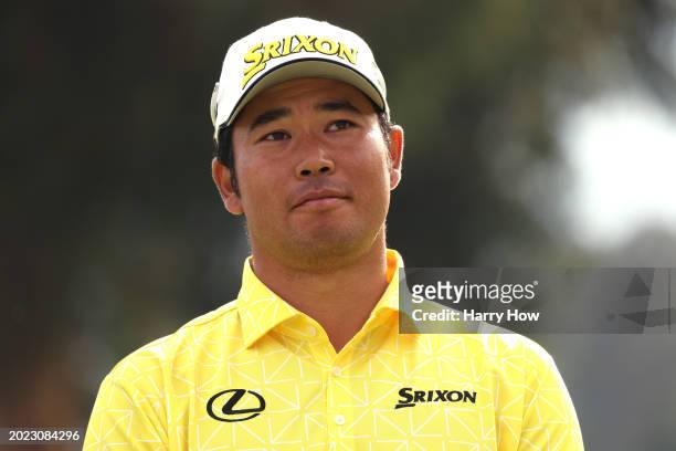 Hideki Matsuyama of Japan reacts during the trophy ceremony, finishing a round of 62, to win the tournament during the final round of The Genesis...