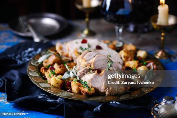 herb roasted turkey and cranberry stuffing - hen turkey stock pictures, royalty-free photos & images