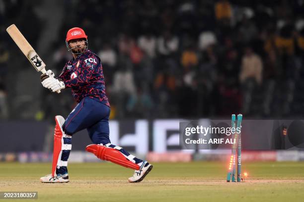 Islamabad United's Rumman Raees is clean bowled by Quetta Gladiators' Mohammad Wasim during the Pakistan Super League Twenty20 cricket match between...