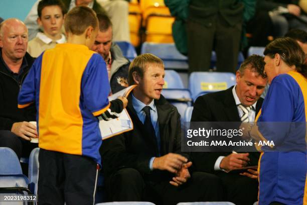 Manchester City manager Stuart Pearce and goalkeeping coach Tim Flowers at the Gay Meadow to watch Shrewsbury Town goalkeeper Joe Hart during the...