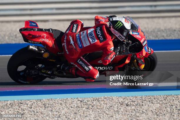 Francesco Bagnaia of Italy and Ducati Lenovo Team rounds the bend during the Qatar MotoGP Official Test at Losail Circuit on February 19, 2024 in...