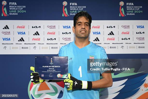 Hamid Behzadpour of Iran poses after being presented with the Player of the Match award following the FIFA Beach Soccer World Cup UAE 2024 Group B...