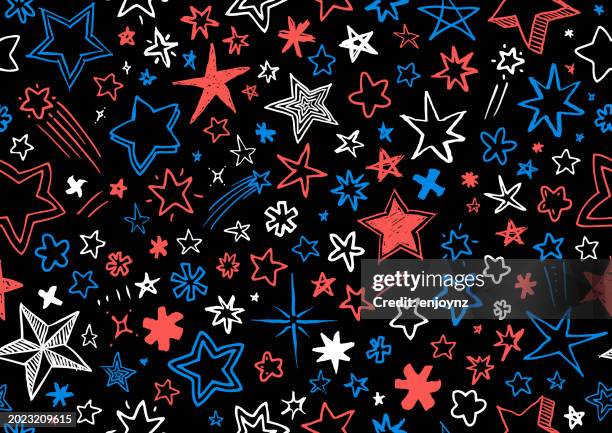 red, blue and white seamless star doodles and sketches - school supplies pattern stock illustrations
