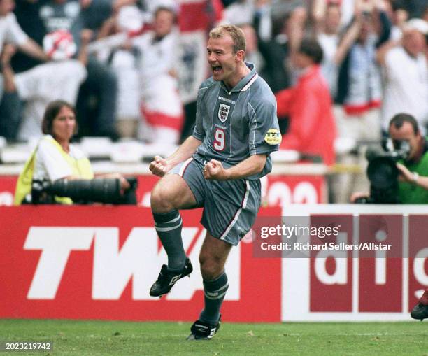June 26: Alan Shearer of England celebrates during the UEFA Euro 1996 Semi Final match between Germany and England at Wembley Stadium on June 26,...