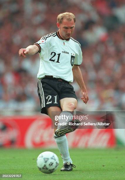 June 26: Dieter Eilts of Germany passing during the UEFA Euro 1996 Semi Final match between Germany and England at Wembley Stadium on June 26, 1996...