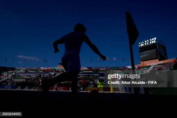 Player plays a corner kick during the FIFA Beach Soccer World Cup UAE 2024 Group A match between Egypt and USA at Dubai Design District Stadium on...