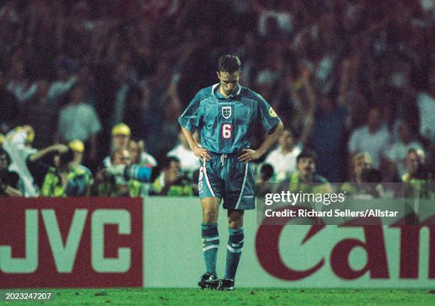 June 26: Gareth Southgate looks dejected after mising penalty during the UEFA Euro 1996 Semi Final match between Germany and England at Wembley...