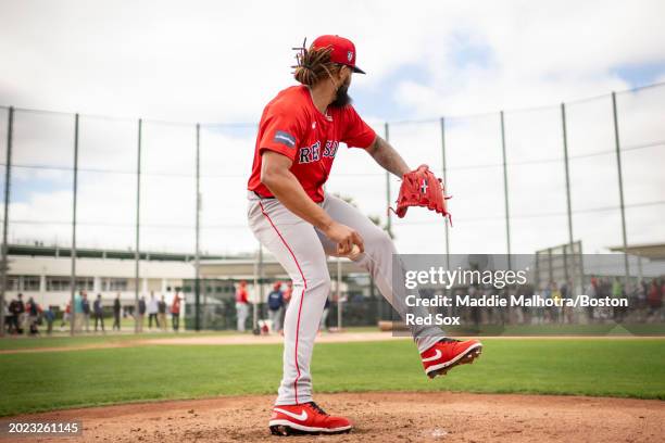 Luis Guerrero of the Boston Red Sox throws live batting practice during the first full-squad Spring Training workout JetBlue Park at Fenway South on...