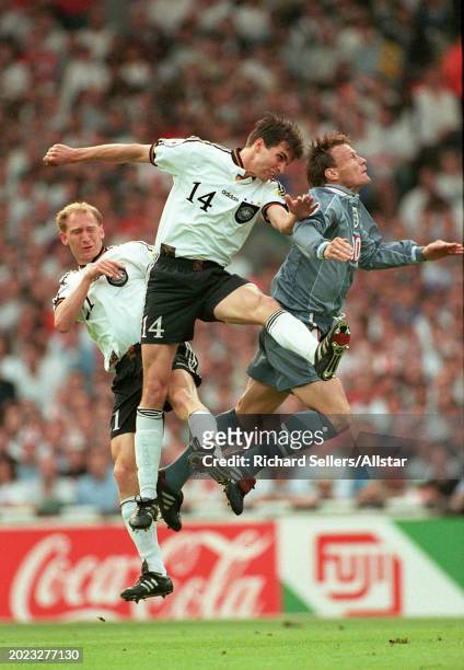 June 26: Teddy Sheringham of England, Markus Babbel of Germany and Dieter Eilts of Germany challenge during the UEFA Euro 1996 Semi Final match...