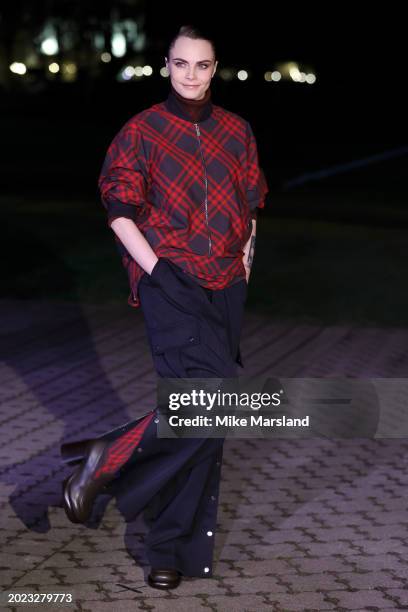 Cara Delevingne attends the Burberry show during London Fashion Week February 2024 at Victoria Park on February 19, 2024 in London, England.