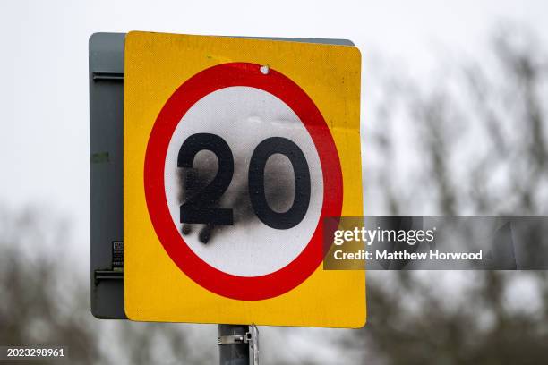 Vandalised 20mph road sign on February 22, 2024 in Cardiff, Wales. A default 20mph speed limit has been introduced on restricted roads across Wales.