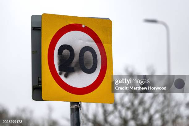 Vandalised 20mph road sign on February 22, 2024 in Cardiff, Wales. A default 20mph speed limit has been introduced on restricted roads across Wales.