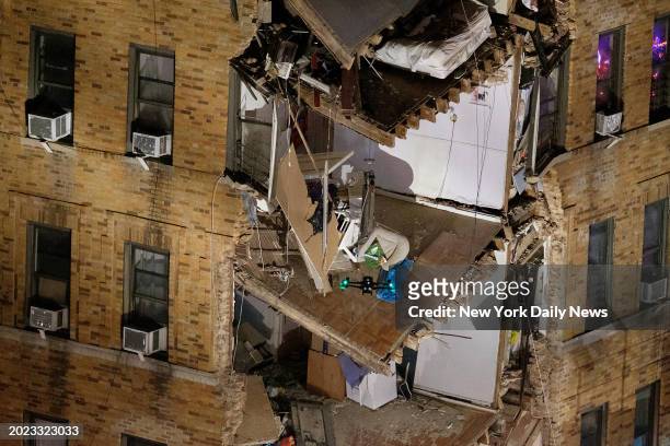 An FDNY drone is seen searching for victims after a partial building collapse on West Burnside Avenue and Phelan Place in the Bronx, New York City on...