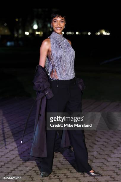 Jourdan Dunn attends the Burberry show during London Fashion Week February 2024 at Victoria Park on February 19, 2024 in London, England.