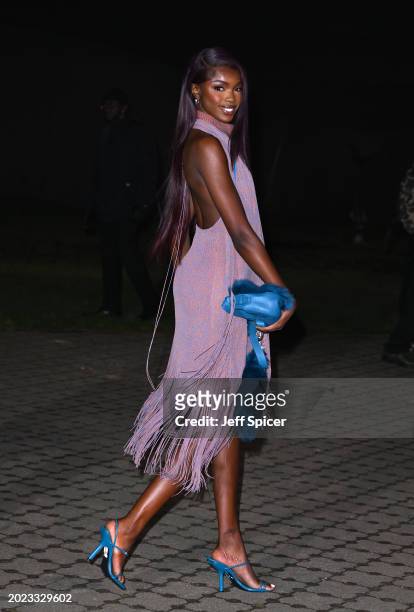 Leomie Anderson attends the Burberry show during London Fashion Week February 2024 in Victoria Park on February 19, 2024 in London, England.