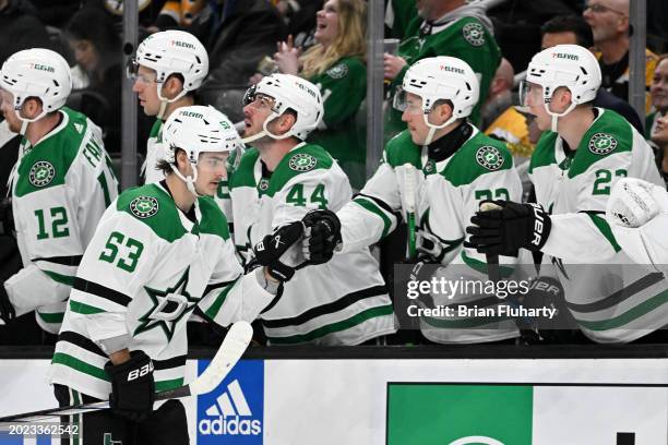 Wyatt Johnston of the Dallas Stars celebrates with his teammates after scoring a goal against the Boston Bruins during the first period at the TD...