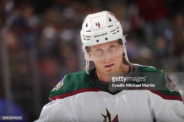 Juuso Valimaki of the Arizona Coyotes skates against the Colorado Avalanche at Ball Arena on February 18, 2024 in Denver, Colorado.