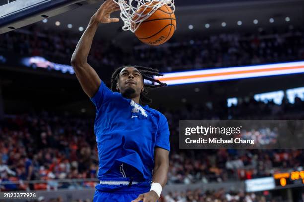 Antonio Reeves of the Kentucky Wildcats prior to their game against the Auburn Tigers at Neville Arena on February 17, 2024 in Auburn, Alabama.