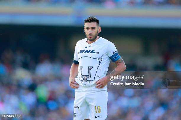 Eduardo Salvio of Pumas looks on during the 7th round match between Pumas UNAM and Santos Laguna as part of the Torneo Clausura 2024 Liga MX at...