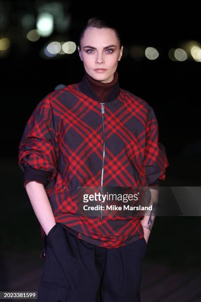 Cara Delevingne attends the Burberry show during London Fashion Week February 2024 at Victoria Park on February 19, 2024 in London, England.