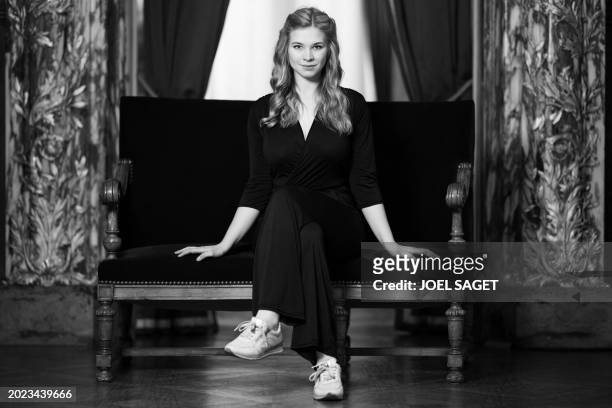 French soprano Lauranne Oliva poses during a photo session in the National Theater of the Opera Comique in Paris on February 22, 2024.