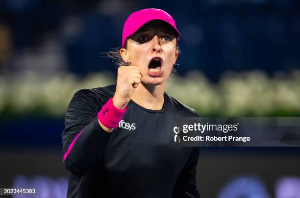 Iga Swiatek of Poland in action against Qinwen Zheng of China in the quarter-final on Day 5 of the Dubai Duty Free Tennis Championships, part of the...