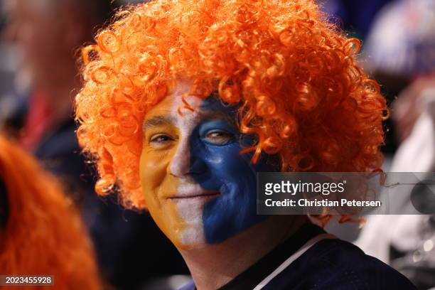 Fan of the Edmonton Oilers looks on during the NHL game against the Arizona Coyotes at Mullett Arena on February 19, 2024 in Tempe, Arizona.