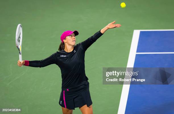 Iga Swiatek of Poland in action against Qinwen Zheng of China in the quarter-final on Day 5 of the Dubai Duty Free Tennis Championships, part of the...