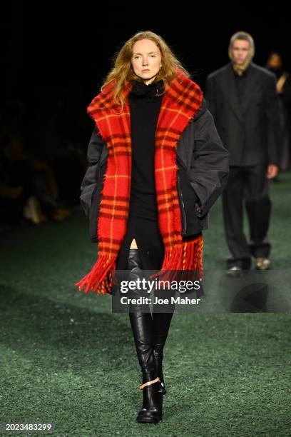 Lily Cole walks the runway at the Burberry show during London Fashion Week February 2024 at on February 19, 2024 in London, England.