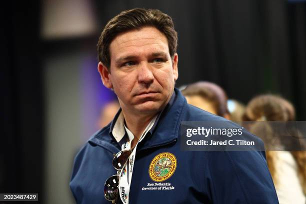 Florida Governor Ron DeSantis attends the drivers meeting prior to the NASCAR Cup Series Daytona 500 at Daytona International Speedway on February...