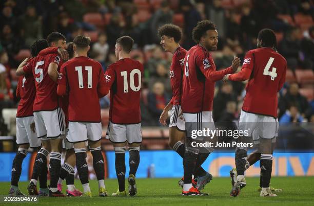 Tom Huddlestone of Manchester United U21s celebrates scoring their second goal during the Premier League 2 match between Manchester United U21s and...