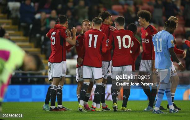 Tom Huddlestone of Manchester United U21s celebrates scoring their second goal during the Premier League 2 match between Manchester United U21s and...