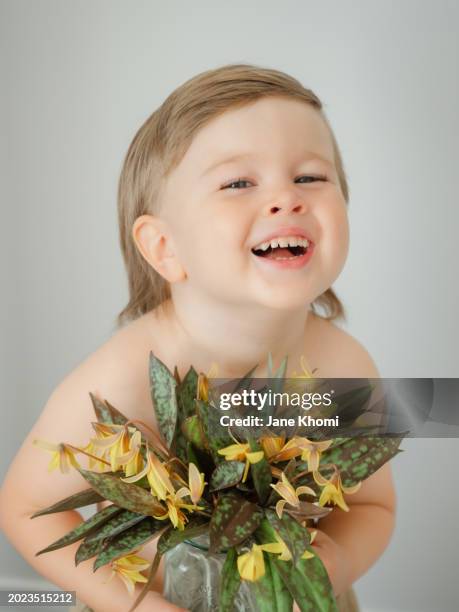 little boy holding first spring flowers - dogtooth violet stock pictures, royalty-free photos & images