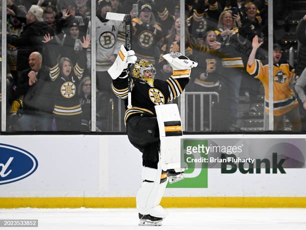 Jeremy Swayman of the Boston Bruins reacts after making a save to end a shootout against the Dallas Stars at the TD Garden on February 19, 2024 in...