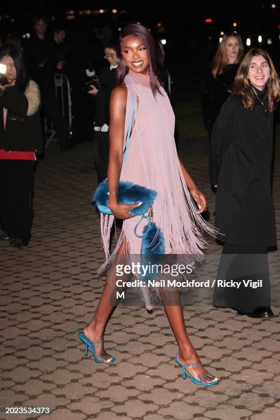 Leomie Anderson seen attending the Burberry show at Victoria Park during London Fashion Week February 2024 on February 19, 2024 in London, England.