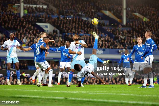 Odsonne Édouard of Crystal Palace attempts an overhead kick during the Premier League match between Everton FC and Crystal Palace at Goodison Park on...