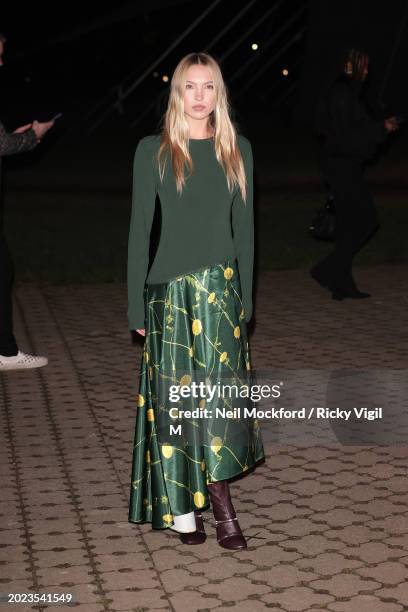 Lila Moss seen attending the Burberry show at Victoria Park during London Fashion Week February 2024 on February 19, 2024 in London, England.