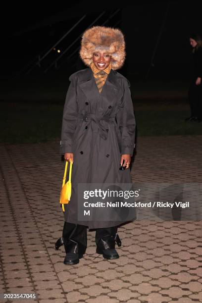 Little Simz seen attending the Burberry show at Victoria Park during London Fashion Week February 2024 on February 19, 2024 in London, England.