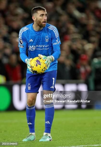 Matt Turner, goalkeeper of Nottingham Forest on the ball during the Premier League match between Nottingham Forest and Manchester United at City...