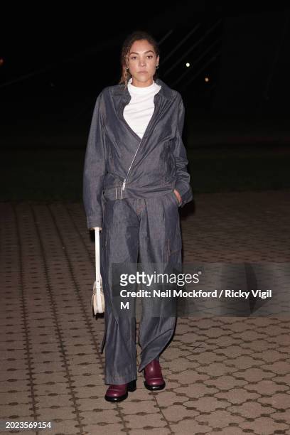 Miquita Oliver seen attending the Burberry show at Victoria Park during London Fashion Week February 2024 on February 19, 2024 in London, England.
