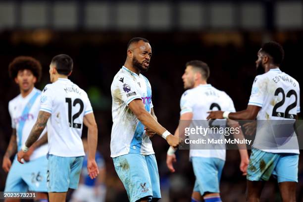 Jordan Ayew of Crystal Palace celebrates scoring the opening goal during the Premier League match between Everton FC and Crystal Palace at Goodison...