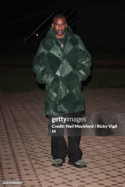 Skepta seen attending the Burberry show at Victoria Park during London Fashion Week February 2024 on February 19, 2024 in London, England.