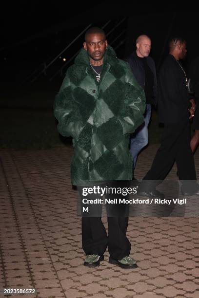 Skepta seen attending the Burberry show at Victoria Park during London Fashion Week February 2024 on February 19, 2024 in London, England.