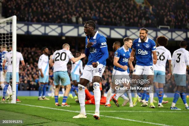 Amadou Onana of Everton celebrates scoring their first goal during the Premier League match between Everton FC and Crystal Palace at Goodison Park on...