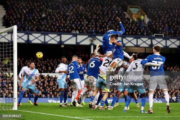 Amadou Onana of Everton scores their first goal during the Premier League match between Everton FC and Crystal Palace at Goodison Park on February...