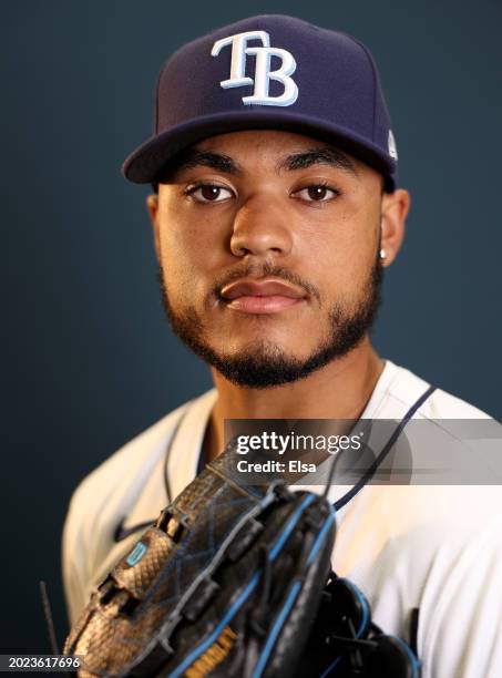 Taj Bradley of the Tampa Bay Rays poses for a picture during Tampa Bay Rays Photo Day at Charlotte Sports Park on February 18, 2024 in Port...