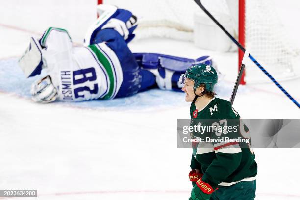 Kirill Kaprizov of the Minnesota Wild celebrates his power play goal against the Vancouver Canucks in the third period at Xcel Energy Center on...